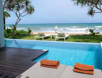 Modern house with a swimming pool, modern pool villa at the beach, luxury villa